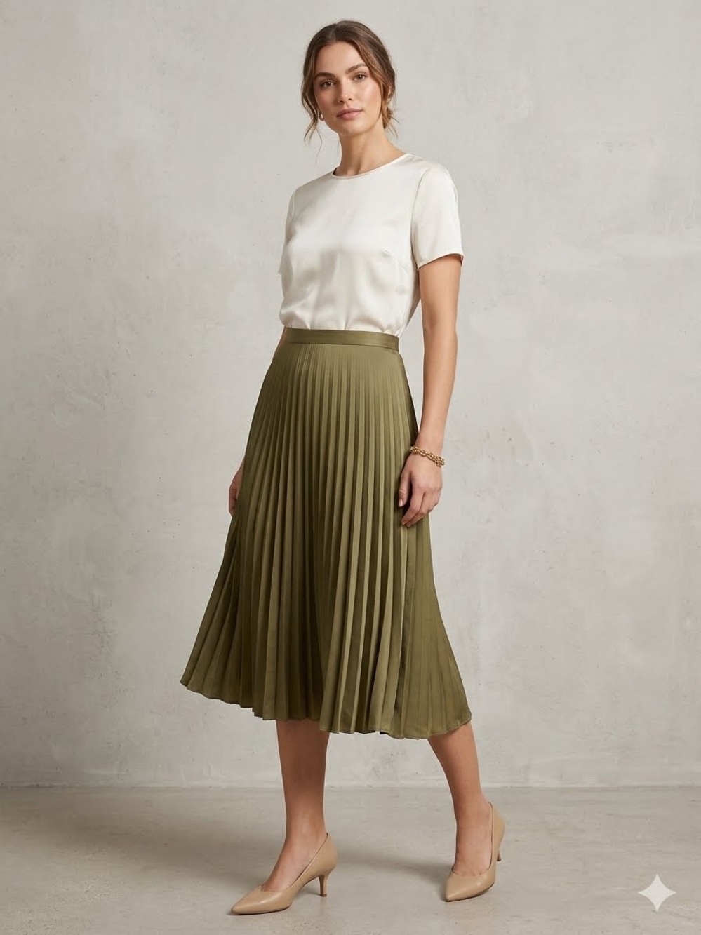 ANTONIO MELANI Olive Green Pleated A-Line Midi Skirt